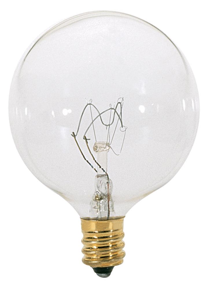 40 Watt G16 1/2 Incandescent; Clear; 2500 Average rated hours; 360 Lumens; Candelabra base; 130 Volt